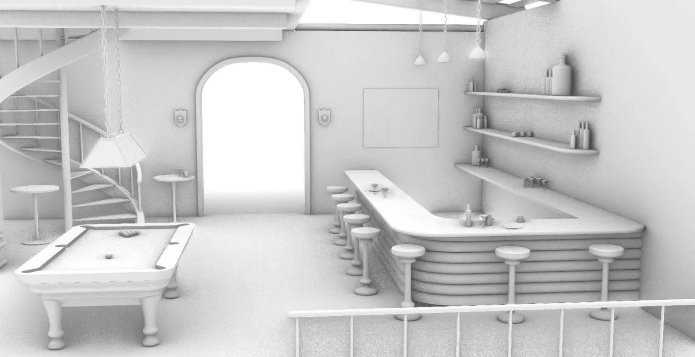 Clay render of the bar and pool area