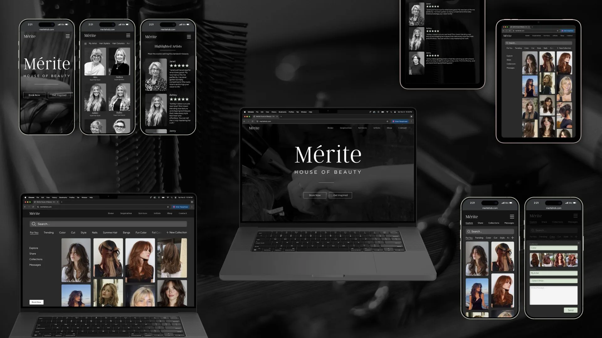 The Mérite redesign shown across phone, tablet, and laptop screens