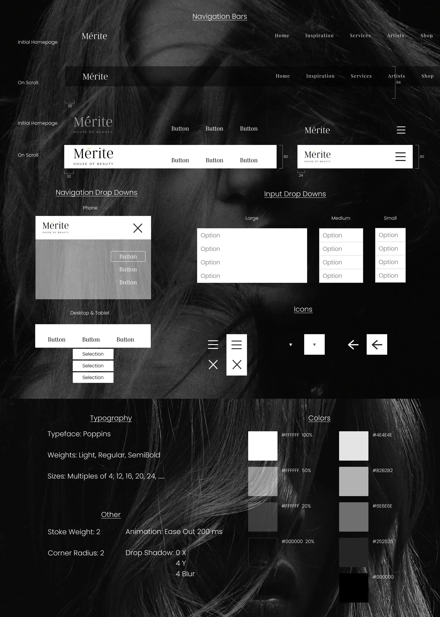 Mérite UI kit: navigation bars, drop downs, icons, typography, and color palette