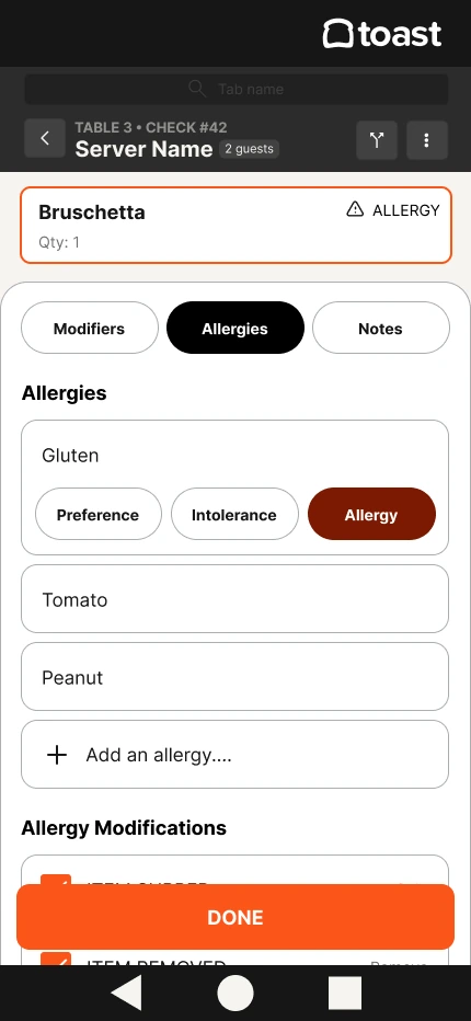 First iteration allergy tab with preference, intolerance, and allergy severity options