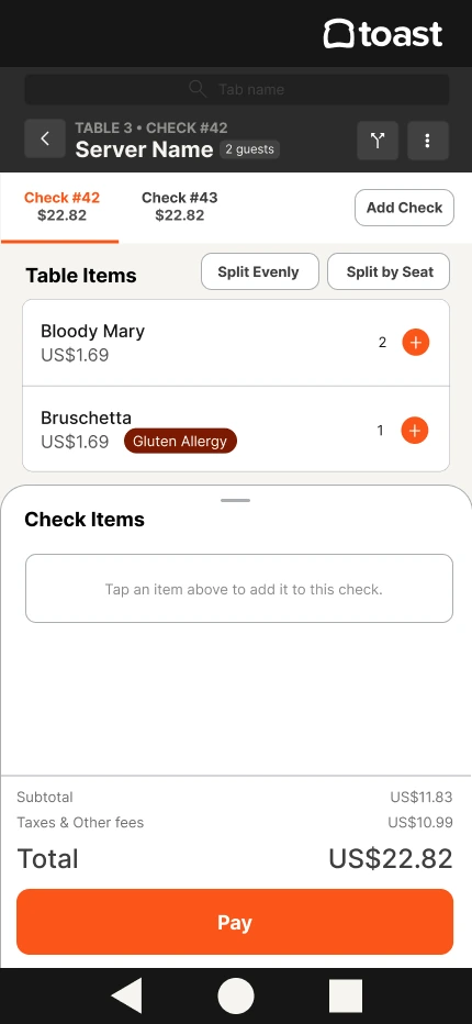 Split check screen tested in round 1, with table items on top and an empty check items area below