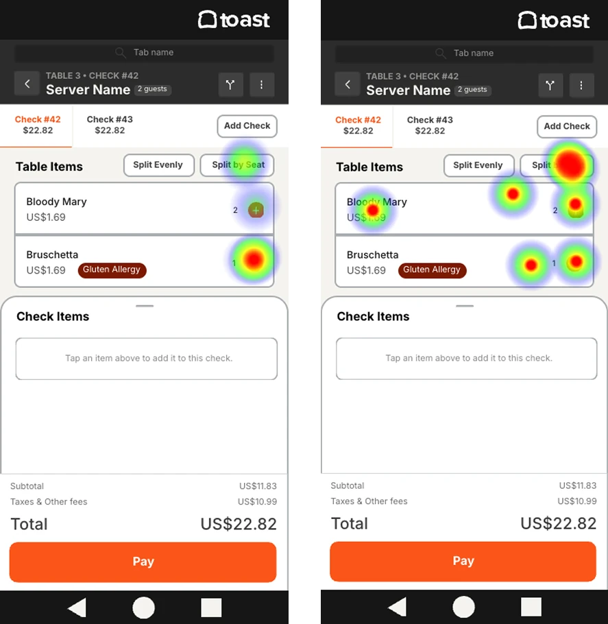 Task 2 split check screens with a tap heat map