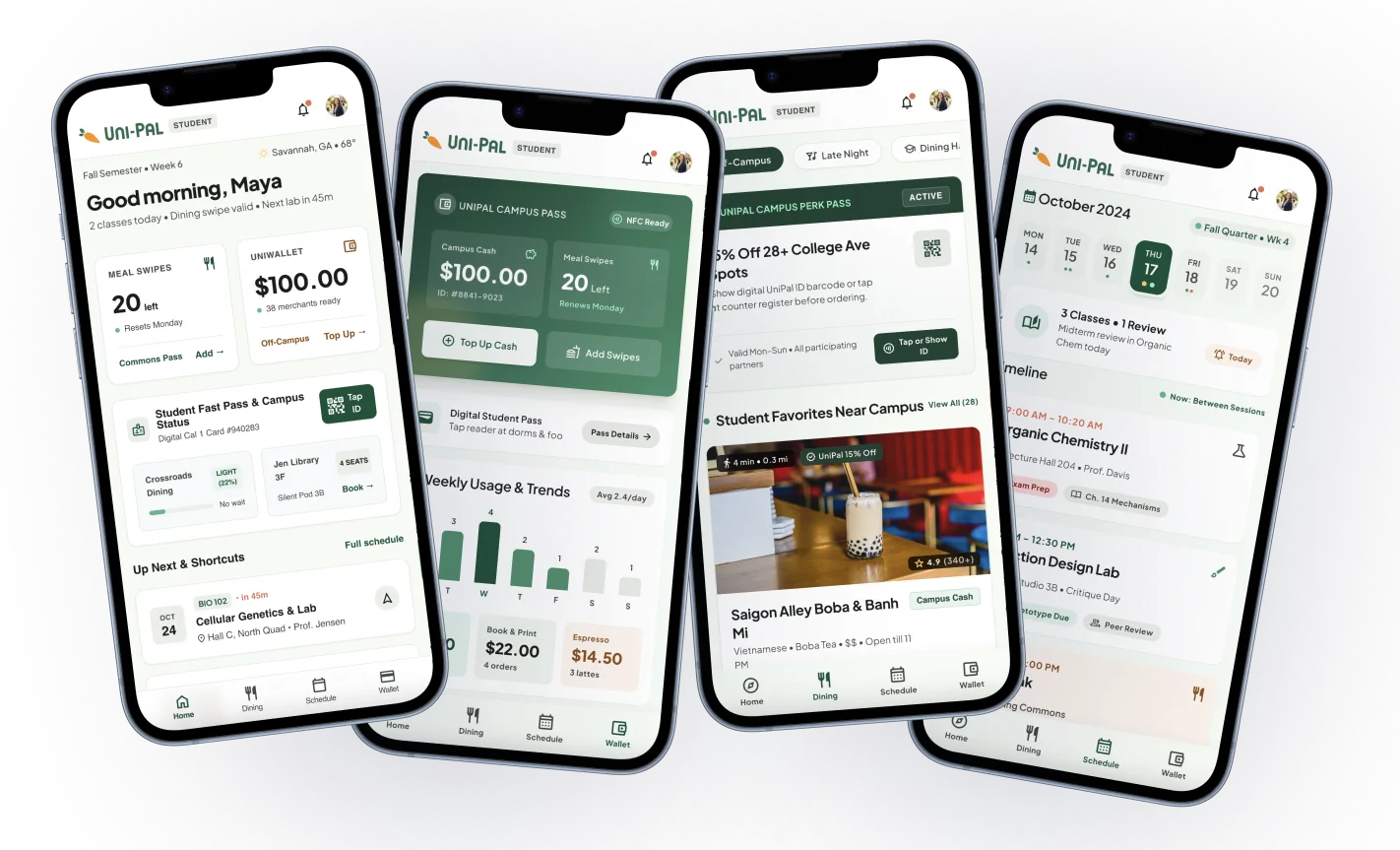 Uni-Pal app screens showing home dashboard, campus pass, perk pass, and schedule