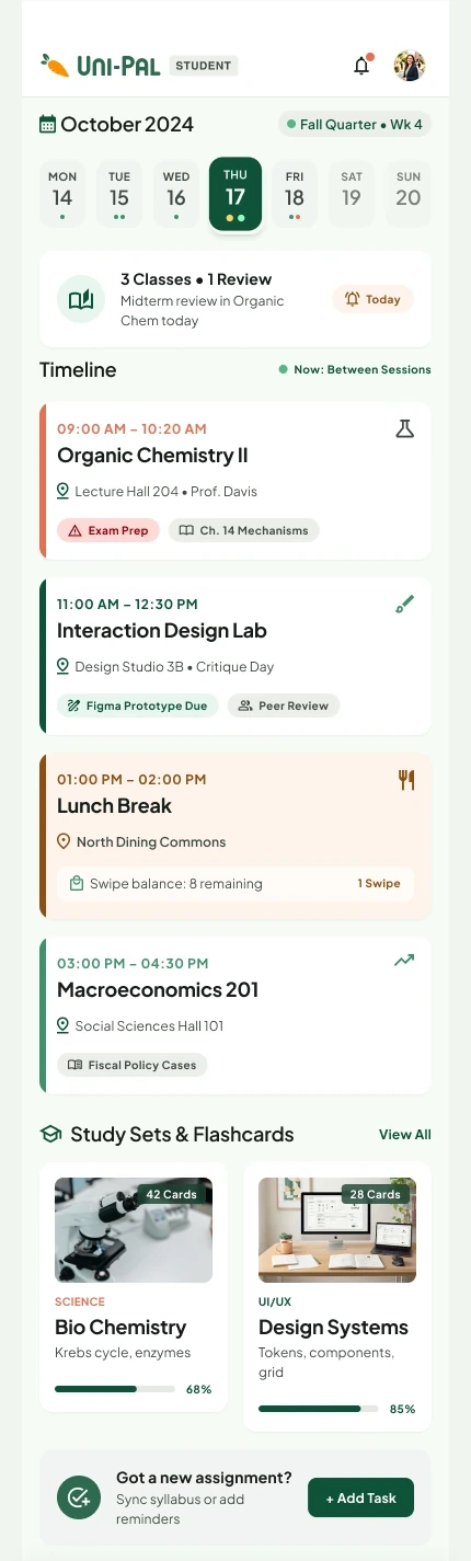 Uni-Pal schedule screen showing a weekly calendar, daily timeline of classes and lunch break, and study sets